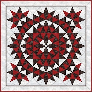 Puede incluir: Un patrón de bloque de colcha con un diseño repetitivo de triángulos rojos y negros. El centro del bloque presenta una forma de estrella más grande.