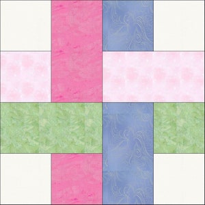 May include: A quilt block with a patchwork design. The block is made up of nine squares, each with a different pattern. The squares are arranged in a grid pattern, with the center square being the largest. The colors of the squares are pink, light pink, white, green, and blue.