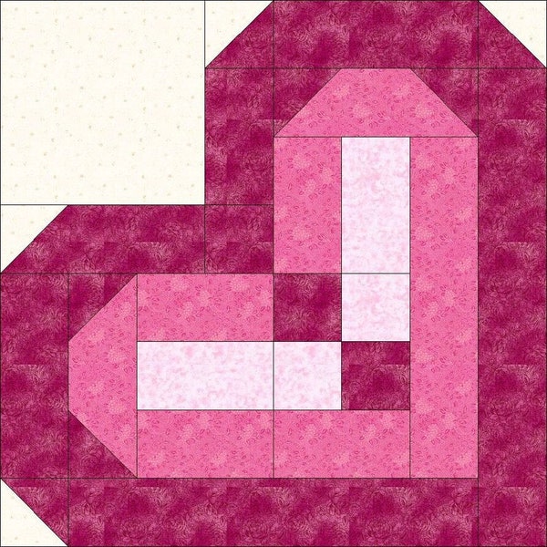 Digital PDF|Heart 2|Log Cabin Quilt Block Pattern|Modern Patchwork|Instant Download