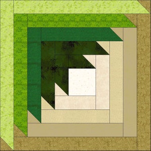 Peut inclure: Un bloc de courtepointe avec un motif de cabane en rondins dans des tons de vert et de beige. Le centre du bloc est blanc.