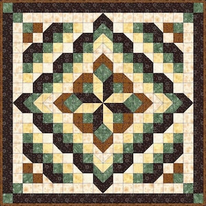 Può includere: Un motivo di blocco di trapunta con un design geometrico che presenta quadrati, triangoli e rombi in tonalità di marrone, verde e crema.