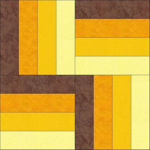 Peut inclure: Un bloc de courtepointe avec un motif de patchwork en tissus jaunes, bruns et crème. Le bloc est composé de neuf carrés, chacun avec un motif différent.