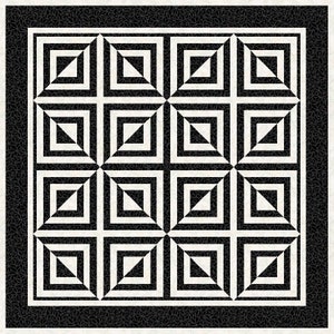 Pode incluir: Padrão geométrico preto e branco com uma série de quadrados e triângulos. O padrão é repetido em toda a imagem.