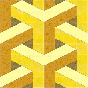 以下が含まれることがあります： 黄色と茶色の正方形と三角形が交互に配置された幾何学模様のキルトブロック。キルトブロックは16個の小さな正方形で構成されており、それぞれ異なるパターンになっています。