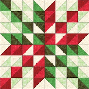 Może przedstawiać: Wzór bloku kołdry z motywem gwiazdy w czerwonych, zielonych i brązowych trójkątach na białym tle.