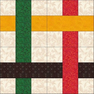 May include: A quilt block pattern with a grid of nine squares. The center square is white with a floral pattern. The top, bottom, and middle squares are green, orange, and red with a leaf pattern.