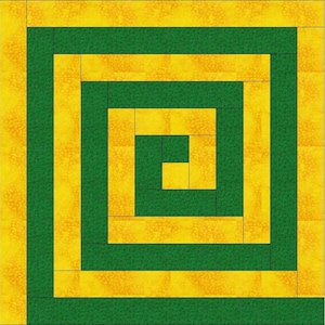 May include: A quilt block with a concentric square design. The outer square is green, the next is yellow, and the pattern continues inward with alternating colors.
