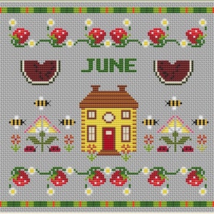 June Cross Stitch Pattern, June Monthly Sampler, Calendar cross stitch, PDF,House Sampler, Primitive cross stitch pattern,gift,easy
