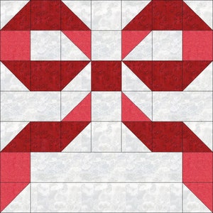 May include: A red and white quilt block with a starburst pattern. The block is made up of squares and triangles.