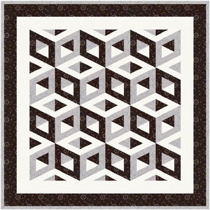 May include: A black and white geometric pattern with a 3D effect. The pattern is made up of squares and triangles, and it creates an optical illusion of depth.
