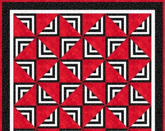May include: A red, black, and white geometric quilt pattern with a repeating design of triangles and squares.
