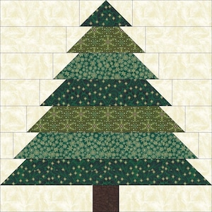 May include: A Christmas tree quilt block design. The tree is composed of various green patterned triangles, including snowflake and star motifs, stacked on top of each other. The trunk is a brown square. The background is a cream color.