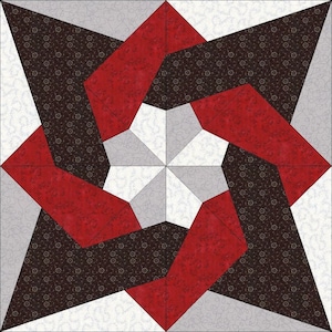 Könnte beinhalten: Ein roter, weißer und schwarzer Quiltblock mit einem Sternmuster. Der Stern besteht aus kleineren Dreiecken und Quadraten.