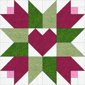 May include: A quilt block design featuring a central heart shape in deep red, surrounded by green and red geometric shapes. Pink squares accent the corners, all set against a white background. This design is suitable for quilting projects.