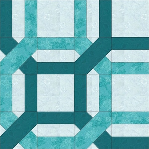 May include: A quilt block pattern with a teal and white color scheme. The pattern features a series of intersecting squares and rectangles, creating a geometric design.