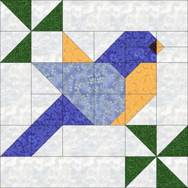 Modèle de bloc de courtepointe numérique PDF|Motif de bloc de courtepointe oiseau bleu|Merlebleu de l'Est|Patchwork moderne|Téléchargement instantané