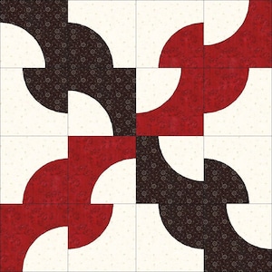 May include: A quilt block pattern with a repeating design of curved shapes in black, white, and red fabrics. The block is made up of nine smaller squares.
