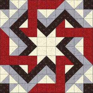 May include: A quilt block pattern with a star design in the center. The star is made up of white, gray, black, and red fabric. The background is a cream color.