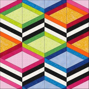 Digital PDF Quilt Block Pattern|3D Illusion (3) Block Pattern|Rainbow Boxes Quilt Block Pattern|Modern Patchwork|Instant Download