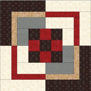 May include: A quilt block pattern with a red, black, and white checkered center surrounded by a tan, gray, and red border. The background is a cream color with a small floral pattern.
