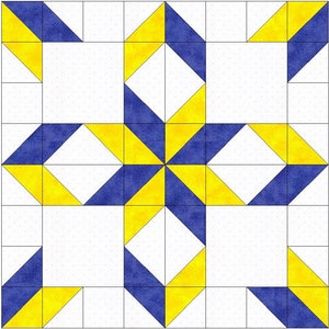 May include: A quilt block pattern with alternating yellow and blue triangles. The pattern is made up of 16 triangles, arranged in a grid pattern.