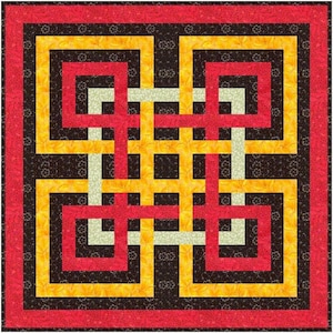 May include: A geometric pattern quilt block with a red, yellow, and white design. The block is made up of squares and rectangles, and the design is repeated throughout the block.