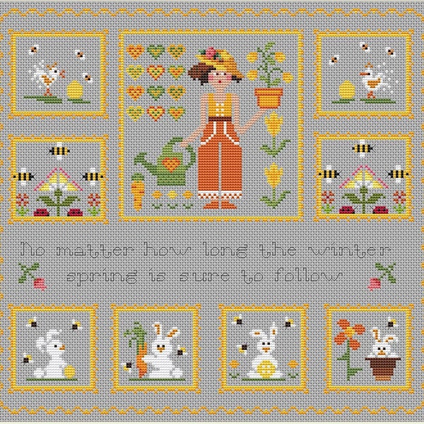 Motif de point de croix de printemps, motif de point de croix primitif, mois de l'année, décoration de chambre d'enfant, échantillonneur de printemps, lapin, PDF, téléchargement immédiat