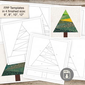 Könnte beinhalten: Foundation-Paper-Piecing-Vorlagen für ein Weihnachtsbaum-Design, inklusive nummerierter Abschnitte für den Zusammenbau. Das Set bietet vier fertige Größen: 15,24 cm, 20,32 cm, 25,4 cm und 30,48 cm. Enthält ein farbiges Beispiel des Baumes.