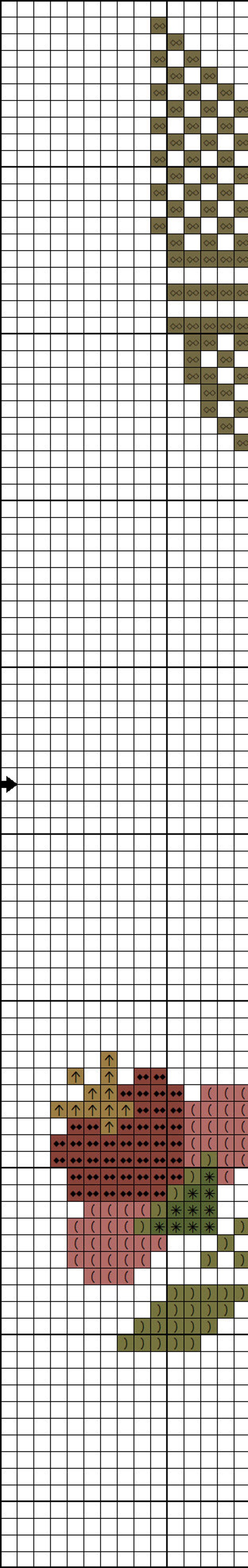 May include: Cross stitch pattern featuring a brown, green, and red flower with a brown stem. The pattern is on a white grid background.