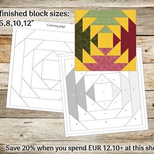 May include: A colorful quilt block pattern with a pineapple design, featuring finished block sizes of 6, 8, 10, and 12 inches. The image includes a colored block and coloring pages with geometric shapes. The text says "Coloring page".