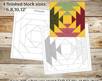 Könnte beinhalten: Ein farbenfrohes Quiltblockmuster mit einem Ananas-Design, mit fertigen Blockgrößen von 15, 20, 25 und 30 cm. Das Bild enthält einen farbigen Block und Malvorlagen mit geometrischen Formen. Der Text lautet "Coloring page".