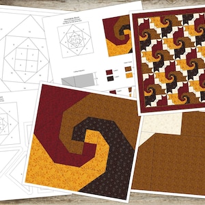 May include: A quilting pattern set featuring printed diagrams, cutting instructions, and a finished block design. The color palette includes shades of deep red, dark brown, and golden yellow with intricate spiral patterns and geometric shapes.