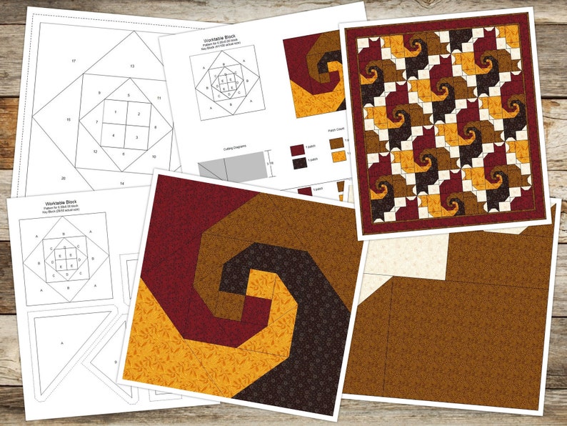 May include: A quilting pattern set featuring printed diagrams, cutting instructions, and a finished block design. The color palette includes shades of deep red, dark brown, and golden yellow with intricate spiral patterns and geometric shapes.