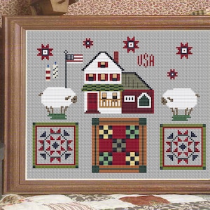 House Sampler,Quilt cross stitch, Patriotic,America Primitive xstitch pattern, house cross stitch,Pattern Sampler, Instant Download, PDF