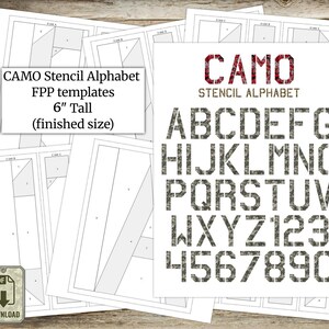 Mallar för Foundation Paper Piecing (FPP), CAMO-stencilmönster för alfabetsquiltblock, färdig storlek 15 cm hög, digital PDF, direktnedladdning