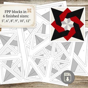 May include: A digital PDF pattern for FPP quilt blocks featuring a geometric star design in red, black, and grey. The document includes templates for six finished sizes: 5", 6", 8", 9", 10", and 12". The pages show numbered assembly sections.