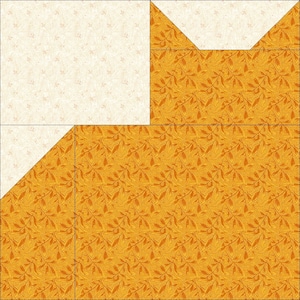 May include: A square quilt block featuring a stylized cat silhouette constructed from fabric pieces. The design uses a golden-orange fabric with a dark leaf pattern for the body and head, contrasted against a cream-colored fabric with a subtle leaf print.