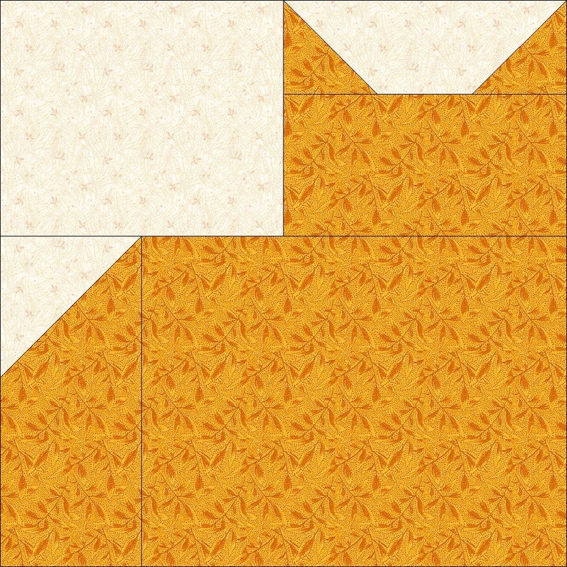 May include: A square quilt block featuring a stylized cat silhouette constructed from fabric pieces. The design uses a golden-orange fabric with a dark leaf pattern for the body and head, contrasted against a cream-colored fabric with a subtle leaf print.