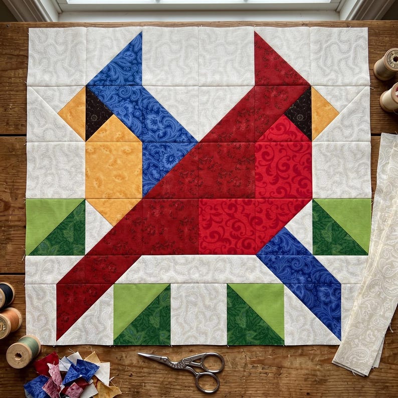 May include: A handmade quilt block featuring two cardinal birds. The birds are primarily red, blue, yellow, and green, set against a white background. The quilt block is made of various patterned fabrics and is likely part of a larger quilting project.