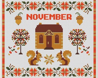 November Cross Stitch Pattern, November Monthly Sampler, Calendar cross stitch, PDF,House Sampler, Primitive cross stitch pattern,gift,easy