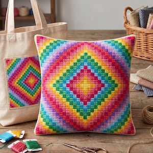 Korsstygnsmönster med regnbågskaleidoskop, geometriskt korsstygnsmönster, regnbågens färger, modernt korsstygn, PDF, omedelbar nedladdning,