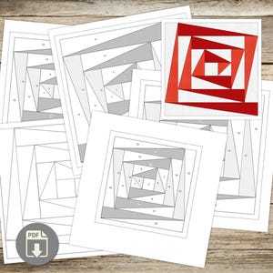 May include: A collection of paper quilt patterns featuring numbered sections for foundation paper piecing. The sheets display geometric spiral designs in grayscale, with one finished example shown in vibrant red and white shades. A PDF icon is included.