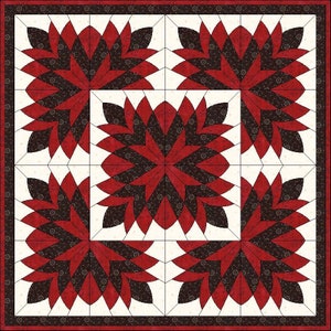 May include: A square quilt with a repeating floral pattern. The design features large, stylized flowers in shades of red and dark brown against a cream background. The quilt is bordered with a dark red and brown pattern.