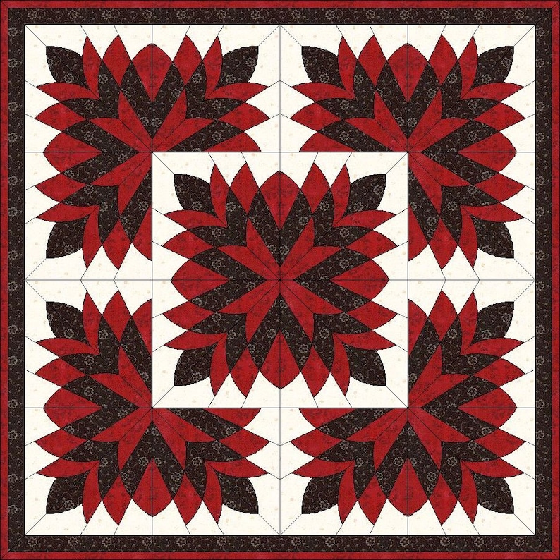 May include: A square quilt with a repeating floral pattern. The design features large, stylized flowers in shades of red and dark brown against a cream background. The quilt is bordered with a dark red and brown pattern.