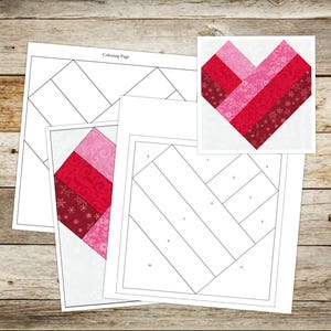 Op de afbeelding: Een verzameling hartvormige quiltpatronen en kleurplaten. De quiltblokken tonen roze en rode stoffen met sneeuwvlok- en wervelpatronen. De kleurplaat is gelabeld met "Coloring Page".