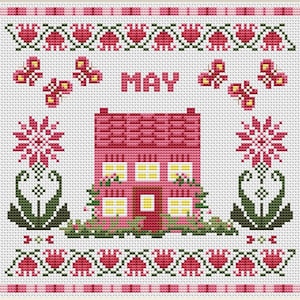 May, Cottage Cross-Stitch, May Cross Stitch Pattern, Primitive Home Sampler, Calendar (PDF Download)