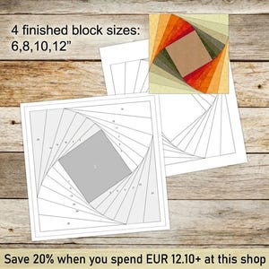 Può includere: Un modello di trapuntatura con un design geometrico, con un quadrato centrale e linee radiali. Il modello è disponibile in quattro dimensioni di blocco finite: 15.2, 20.3, 25.4 e 30.5 cm. L'immagine include anche un campione di blocco di trapuntatura più piccolo e completo.