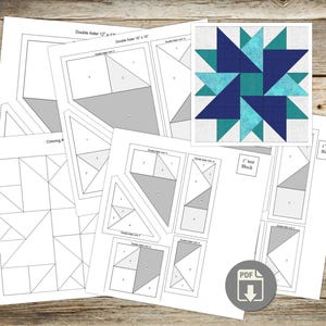 May include: A collection of printed paper patterns for a quilt project. The patterns include diagrams and instructions for a Double Aster quilt block, with a finished block example in shades of blue and teal. A PDF download icon is visible.