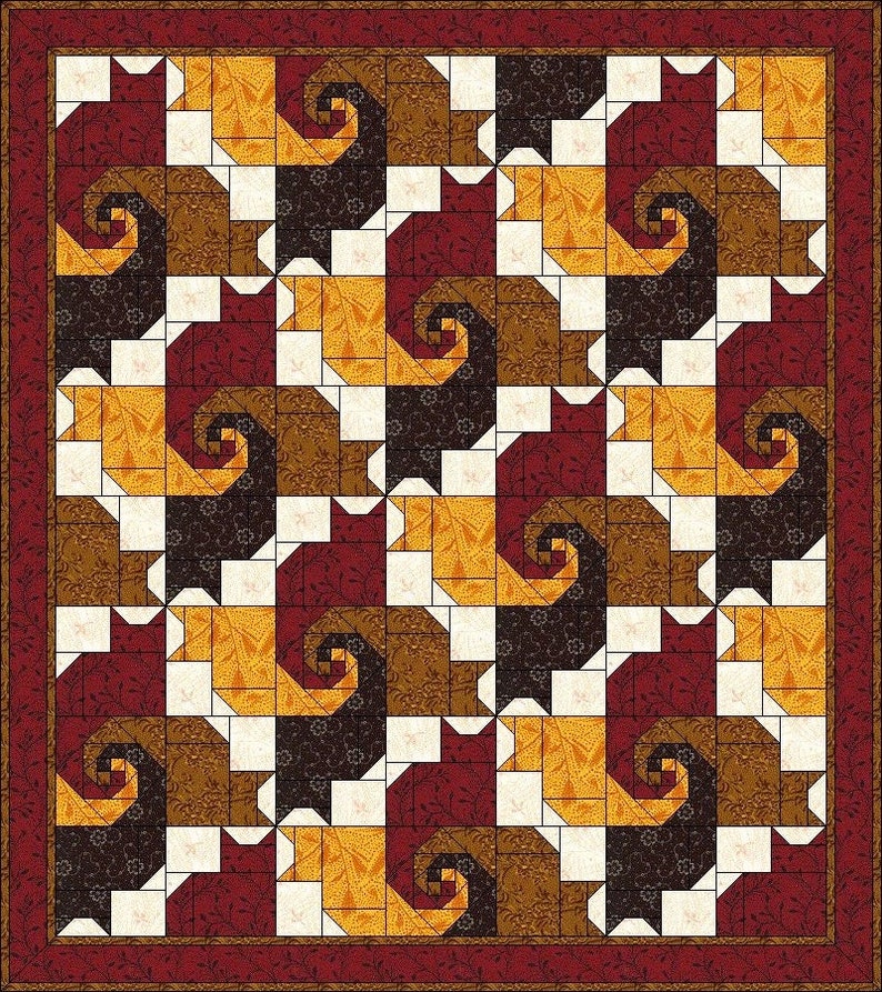 May include: A rectangular quilt featuring a repeating pattern of swirling shapes in shades of deep red, golden yellow, dark brown, and cream. The design is composed of geometric fabric blocks with floral and leaf prints, enclosed by a dark red border.