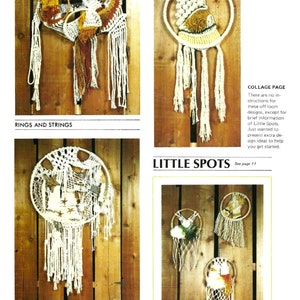 May include: Four macrame wall hangings with different designs. The designs include a berry patch, rings and strings, earth-sea-air, and little spots. The hangings are all made with white cord and feature different colored accents.